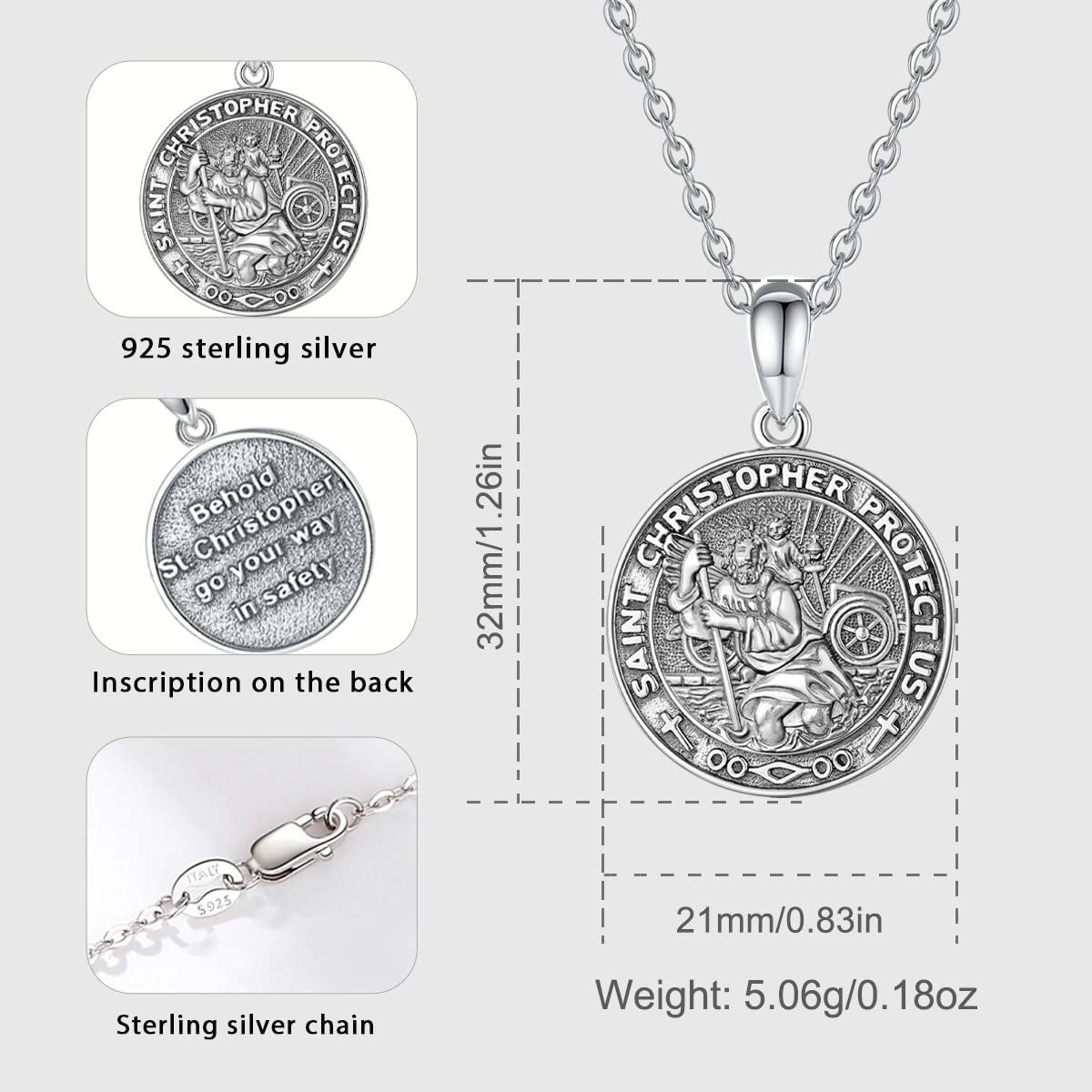 Vito 925 Sterling Silver St Michael/St Christopher/Saint Jude/Seal of Seven Archangels/Virgin Mary Miraculous/Jesus Cross Crucifix/St Joseph//St Anthony Pendant Necklace for Men Women, 24“/22”