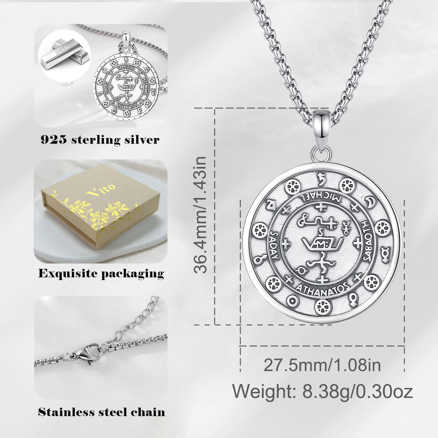 Vito 925 Sterling Silver St Michael/St Christopher/Saint Jude/Seal of Seven Archangels/Virgin Mary Miraculous/Jesus Cross Crucifix/St Joseph//St Anthony Pendant Necklace for Men Women, 24“/22”