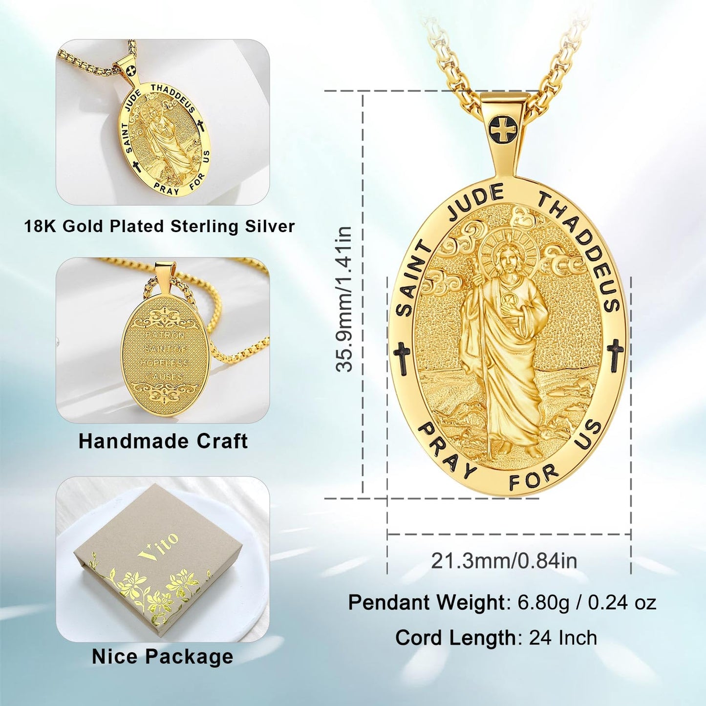 Vito 925 Sterling Silver St Michael/St Christopher/Saint Jude/Seal of Seven Archangels/Virgin Mary Miraculous/Jesus Cross Crucifix/St Joseph//St Anthony Pendant Necklace for Men Women, 24“/22”