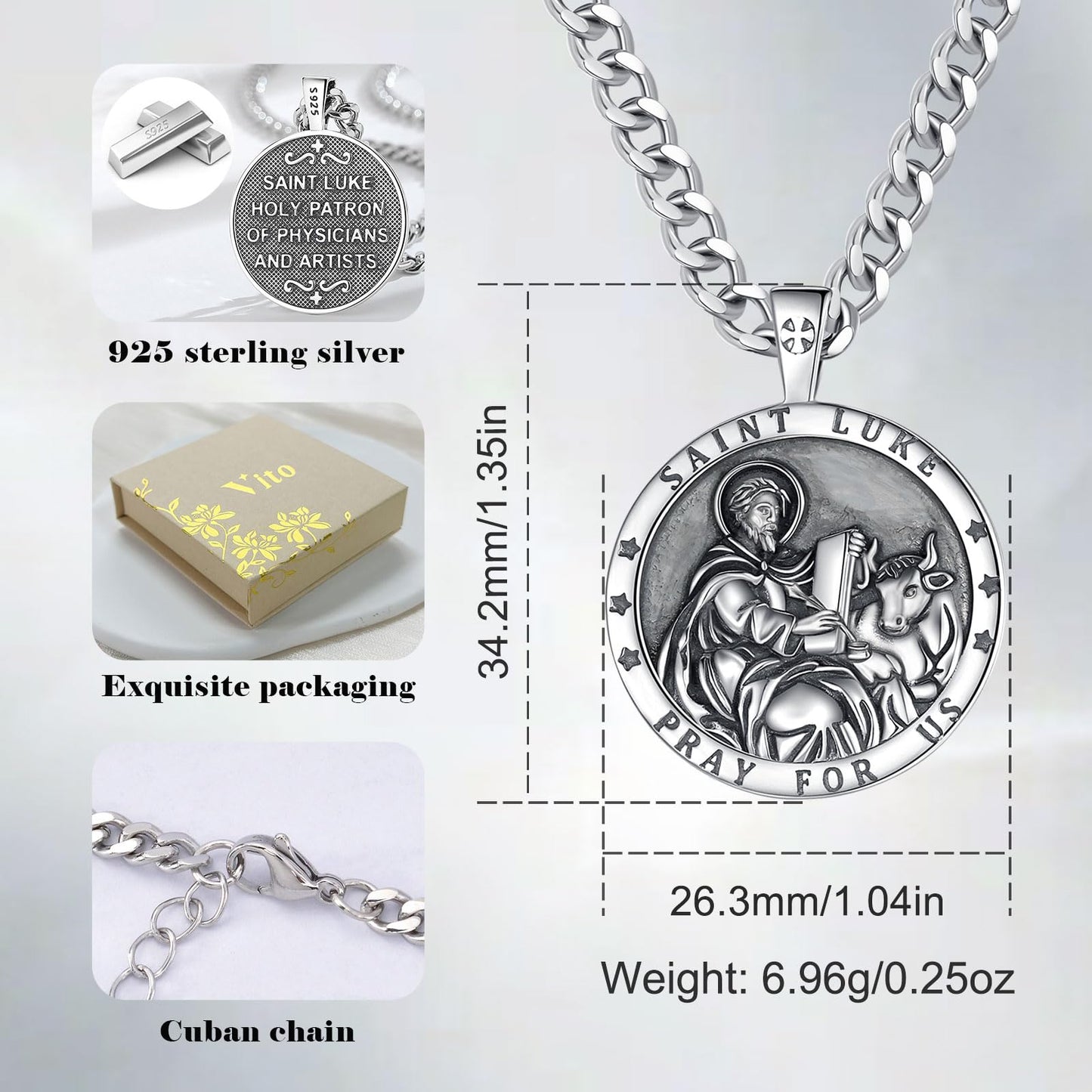 Vito 925 Sterling Silver St Michael/St Christopher/Saint Jude/Seal of Seven Archangels/Virgin Mary Miraculous/Jesus Cross Crucifix/St Joseph//St Anthony Pendant Necklace for Men Women, 24“/22”