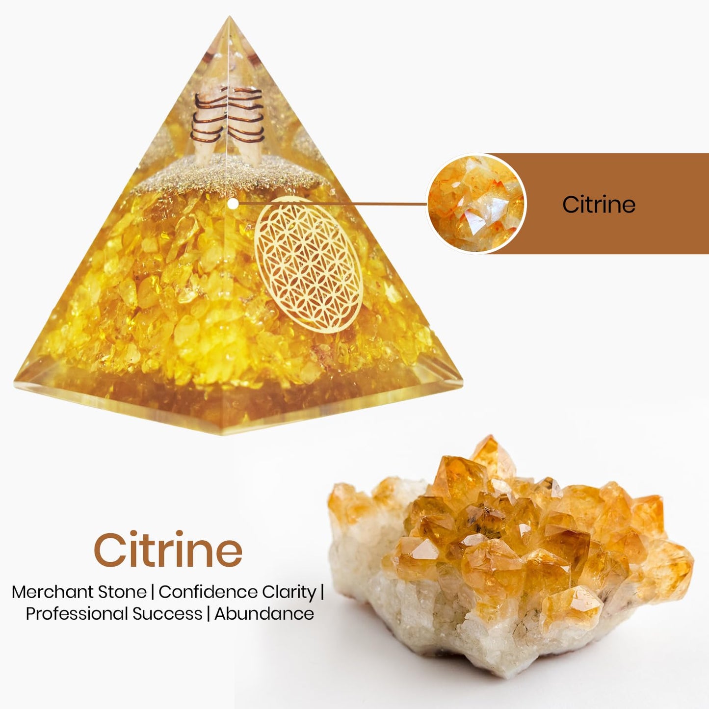 Citrine Orgonite Pyramid, Healing Crystal Pyramid, Pyramid Crystal Gemstone Pyramid for Meditation, Motivation, Positivity - Handmade in India