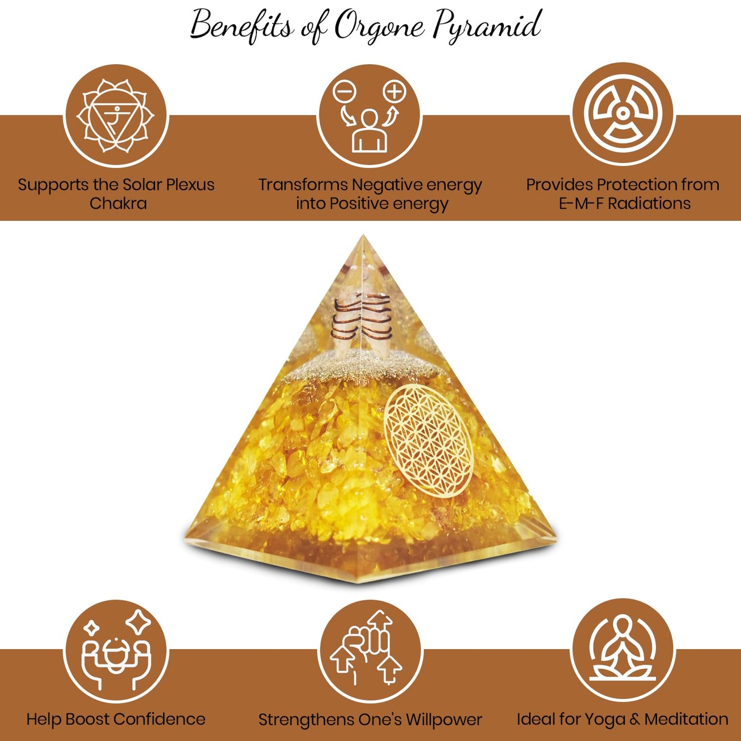 Citrine Orgonite Pyramid, Healing Crystal Pyramid, Pyramid Crystal Gemstone Pyramid for Meditation, Motivation, Positivity - Handmade in India