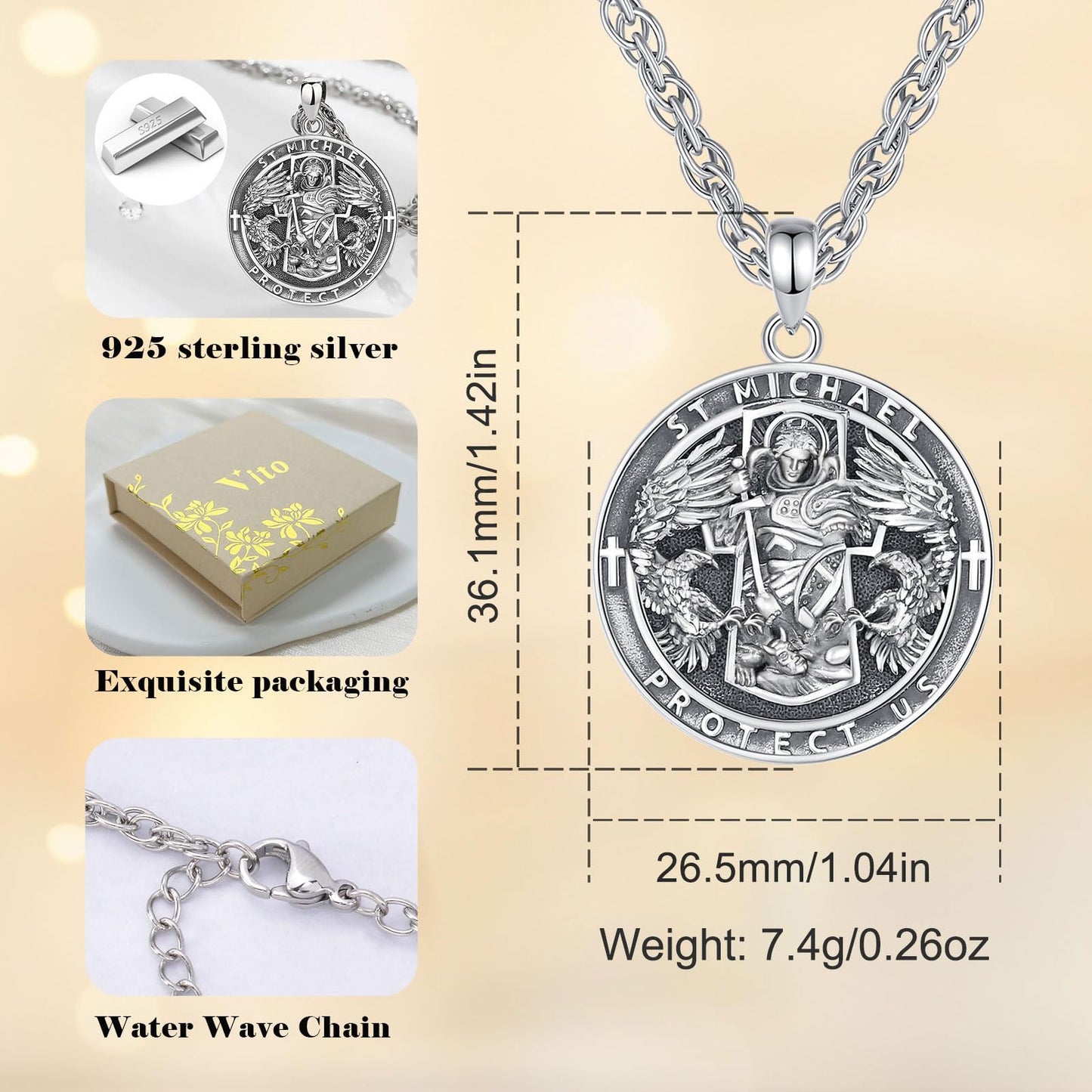 Vito 925 Sterling Silver St Michael/St Christopher/Saint Jude/Seal of Seven Archangels/Virgin Mary Miraculous/Jesus Cross Crucifix/St Joseph//St Anthony Pendant Necklace for Men Women, 24“/22”