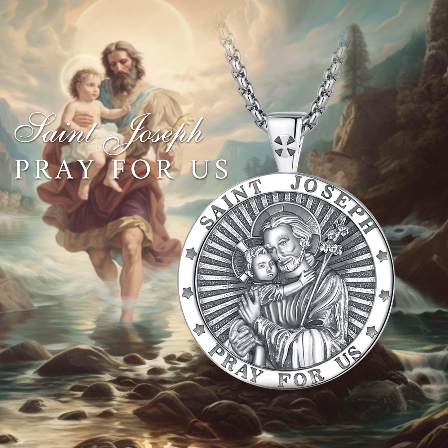 Vito 925 Sterling Silver St Michael/St Christopher/Saint Jude/Seal of Seven Archangels/Virgin Mary Miraculous/Jesus Cross Crucifix/St Joseph//St Anthony Pendant Necklace for Men Women, 24“/22”