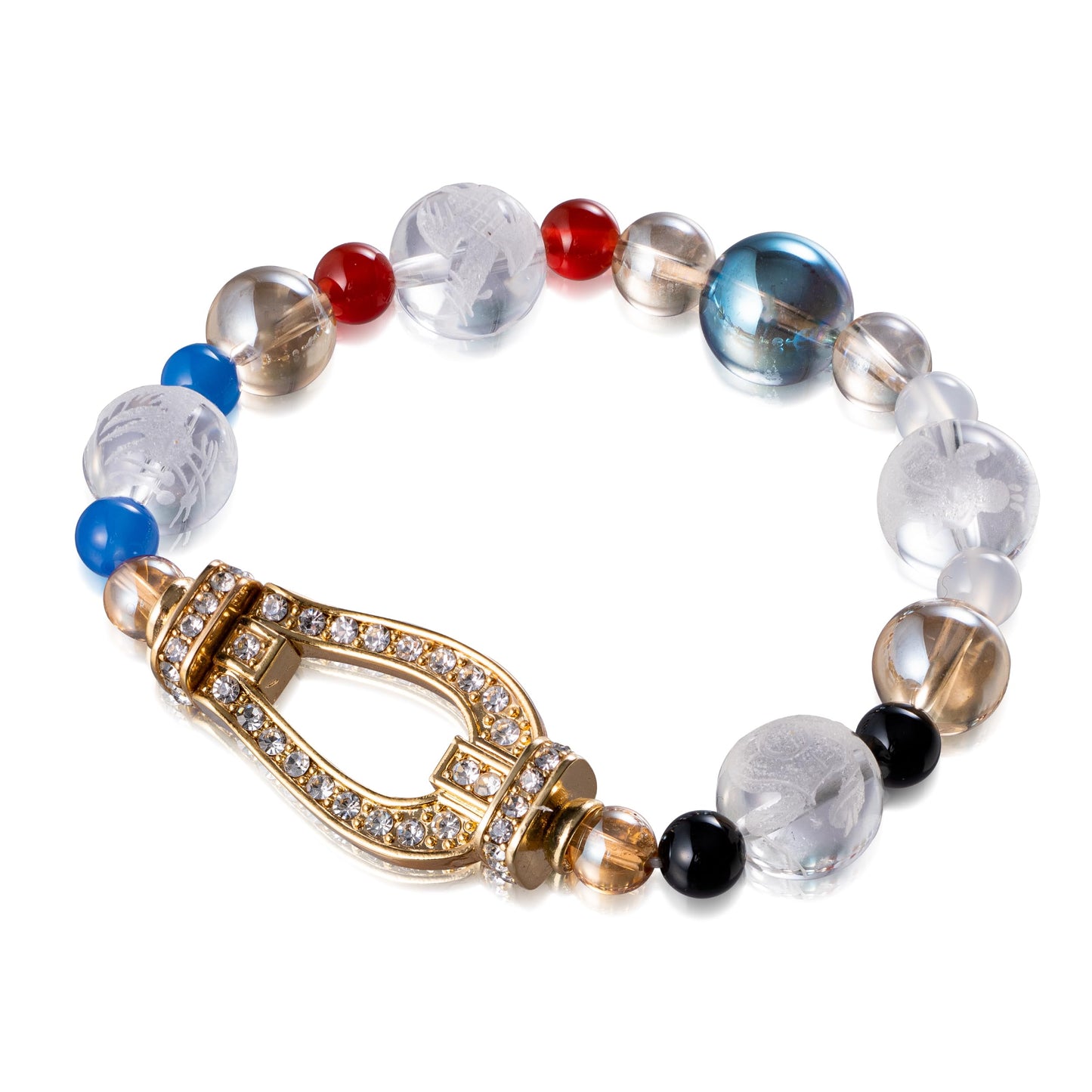 Japan lucky charm money luck bracelet horseshoe crown beads rainbow brue of aura fengshui crystal wealth japanese traditional stretch men women unisex natural stone positive energy cool present casual