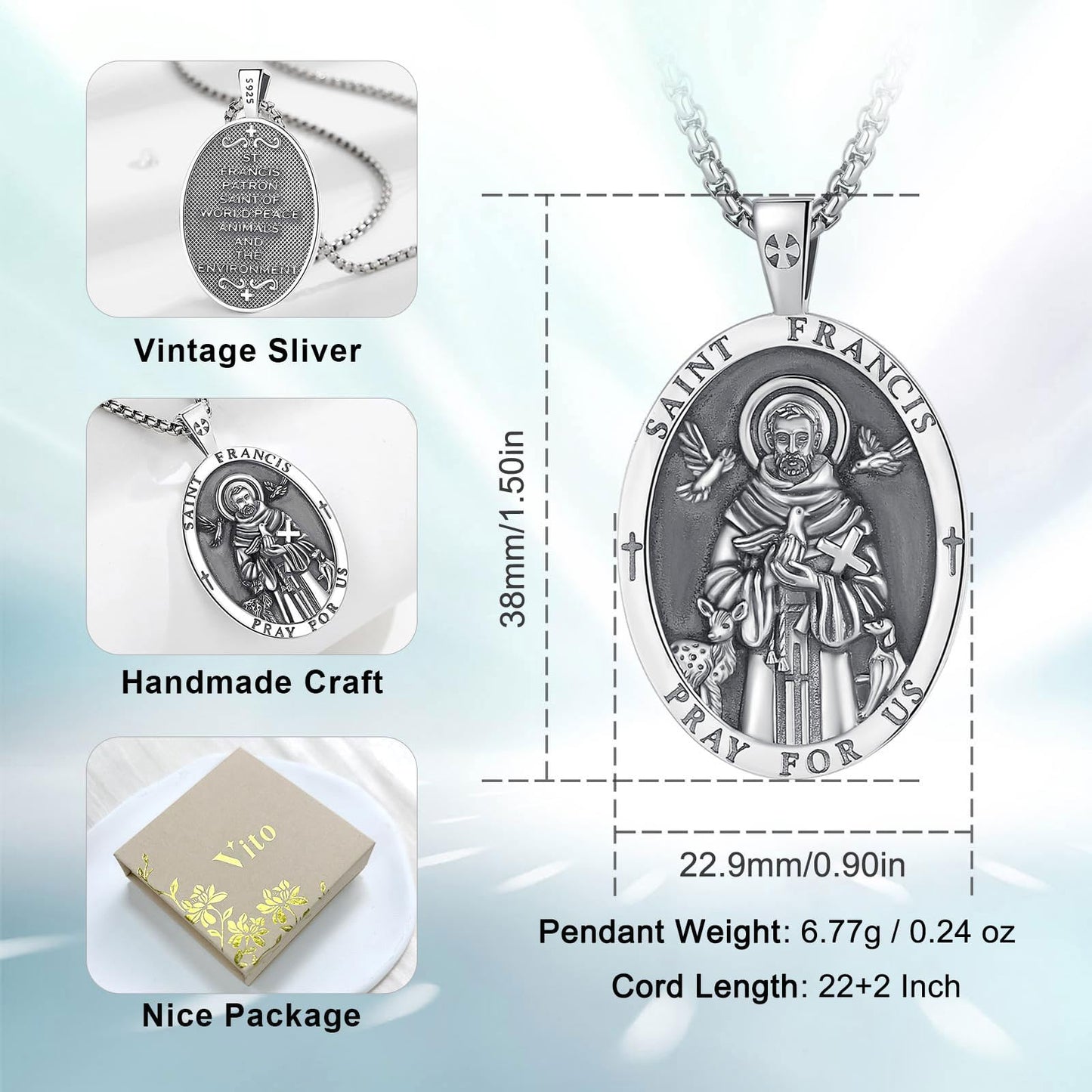 Vito 925 Sterling Silver St Michael/St Christopher/Saint Jude/Seal of Seven Archangels/Virgin Mary Miraculous/Jesus Cross Crucifix/St Joseph//St Anthony Pendant Necklace for Men Women, 24“/22”