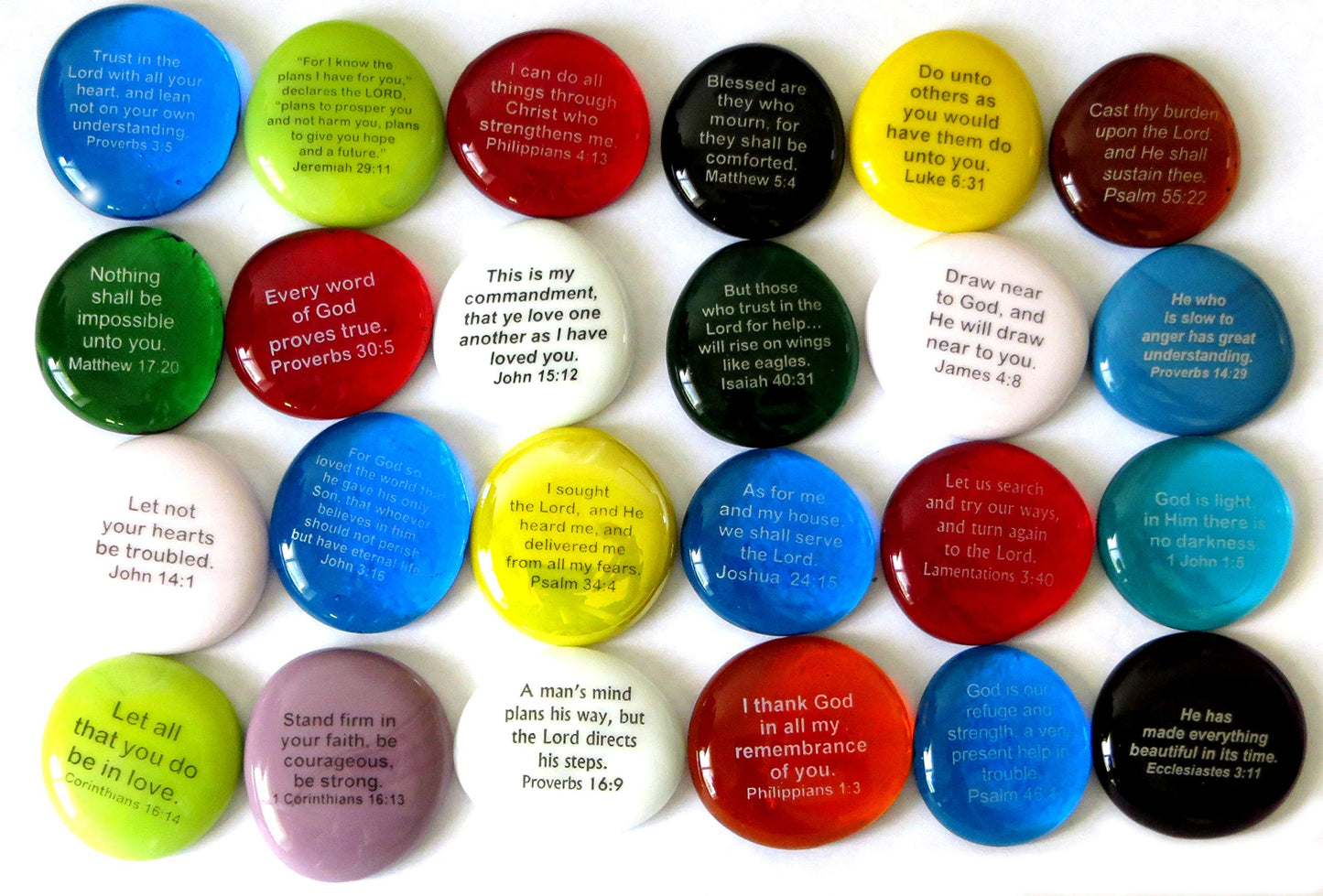 Scripture Glass Stones, Set of 100 Translucent and Opaque Glass Stones Printed with Many of Your Favorite Bible Verses with Retail Display by Lifeforce Glass.