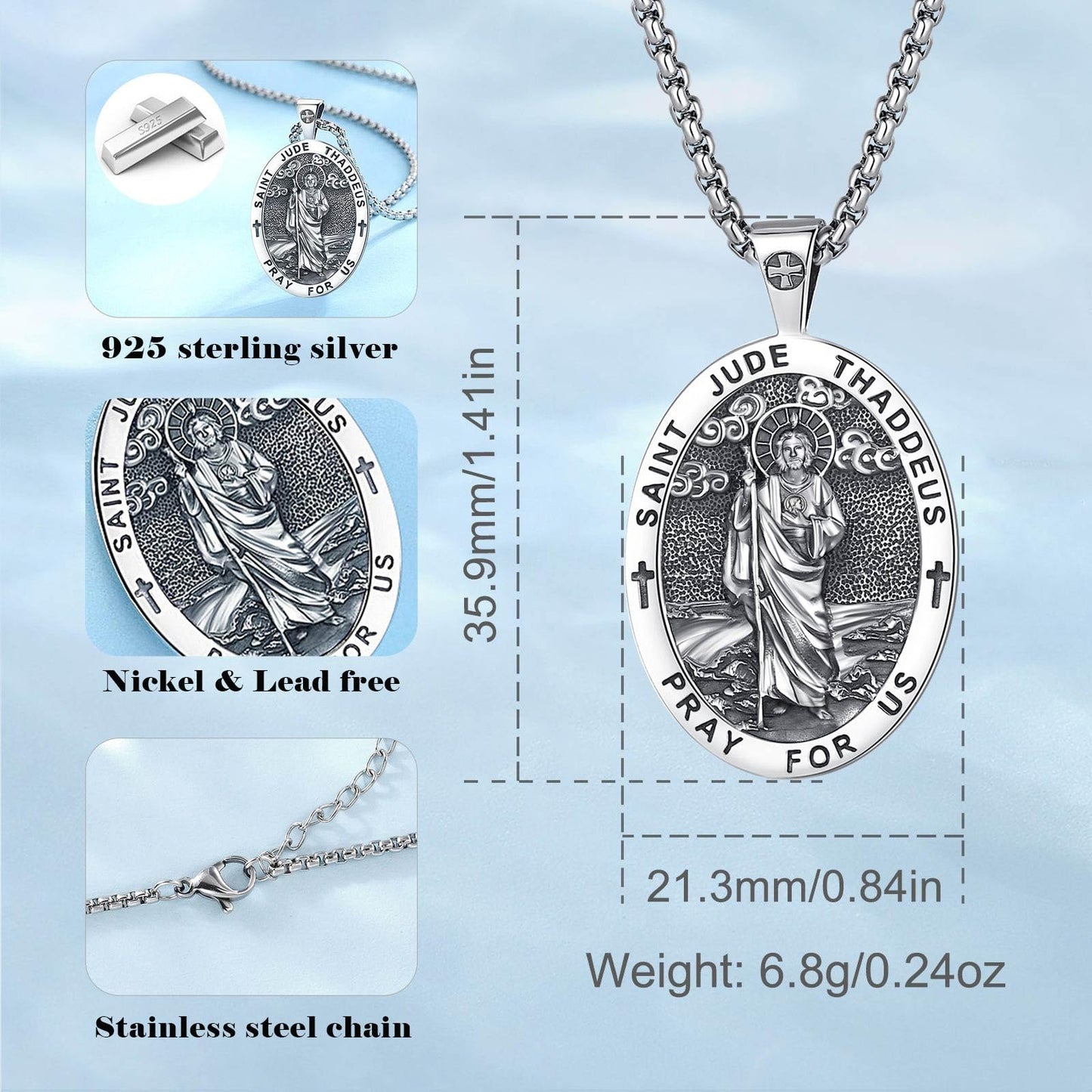 Vito 925 Sterling Silver St Michael/St Christopher/Saint Jude/Seal of Seven Archangels/Virgin Mary Miraculous/Jesus Cross Crucifix/St Joseph//St Anthony Pendant Necklace for Men Women, 24“/22”