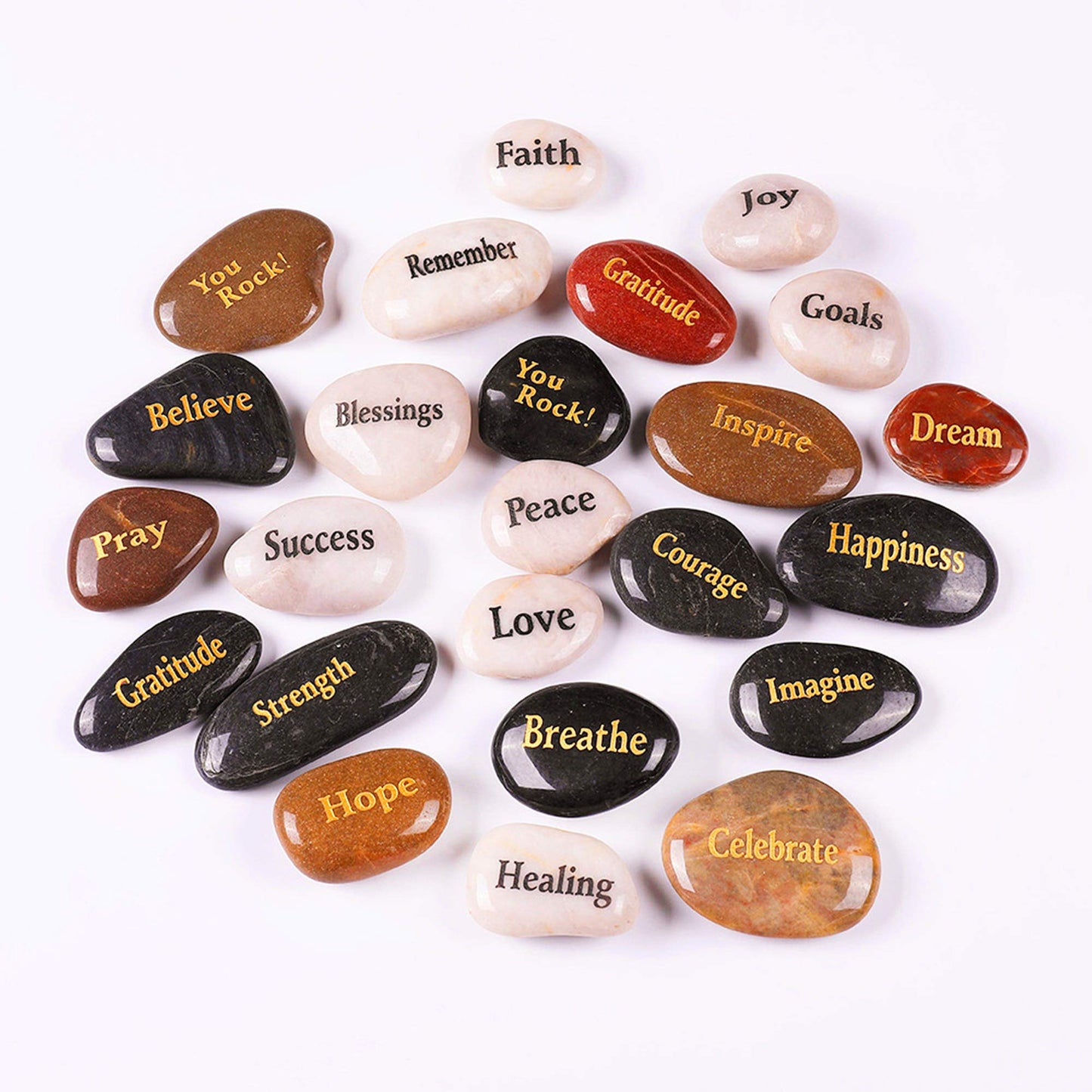 ROCKIMPACT 24pcs Inspirational Faith Stones Engraved Natural River Rocks Healing Stone Different Words (Bulk lot, Set of 24, 2”-3” Each)