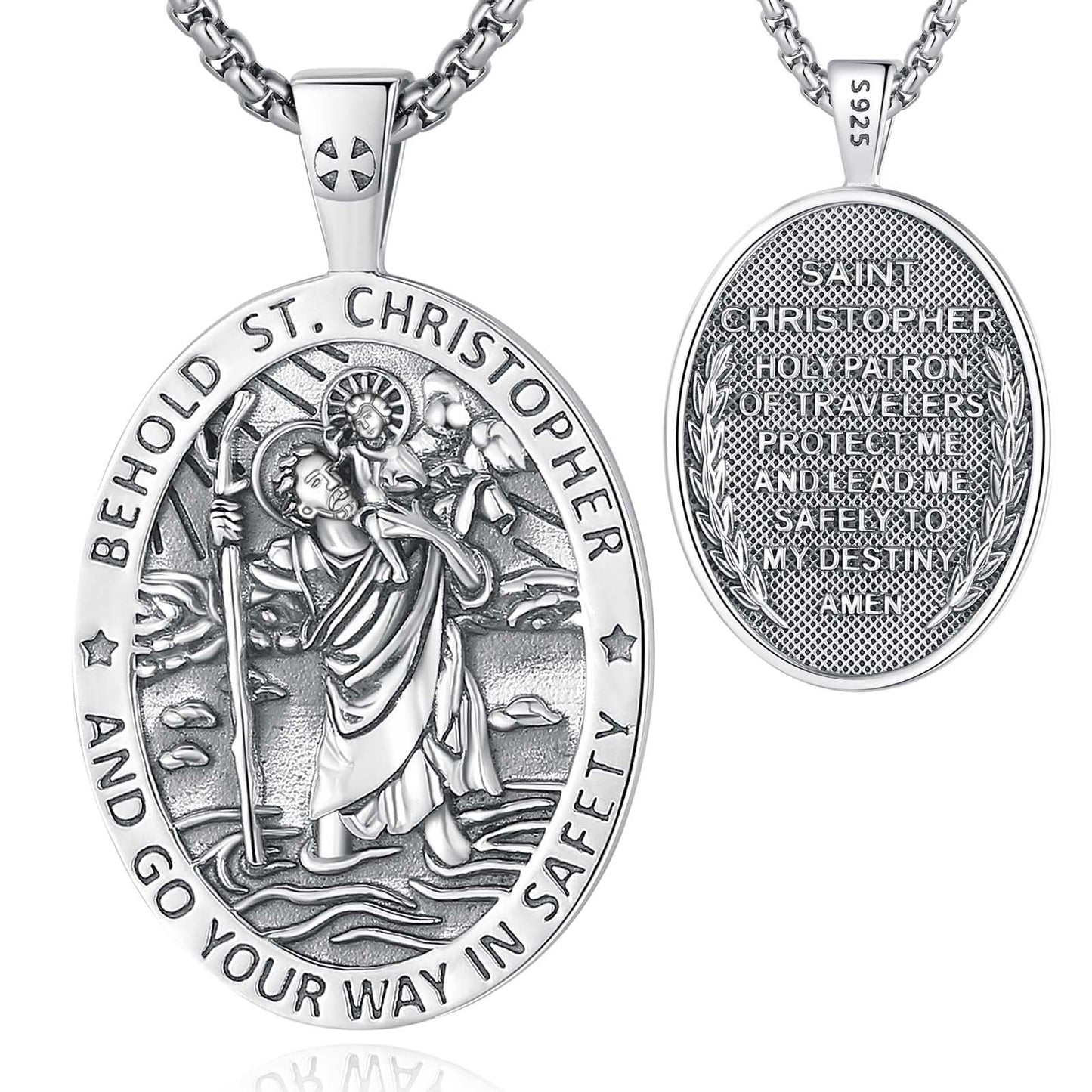 Vito 925 Sterling Silver St Michael/St Christopher/Saint Jude/Seal of Seven Archangels/Virgin Mary Miraculous/Jesus Cross Crucifix/St Joseph//St Anthony Pendant Necklace for Men Women, 24“/22”