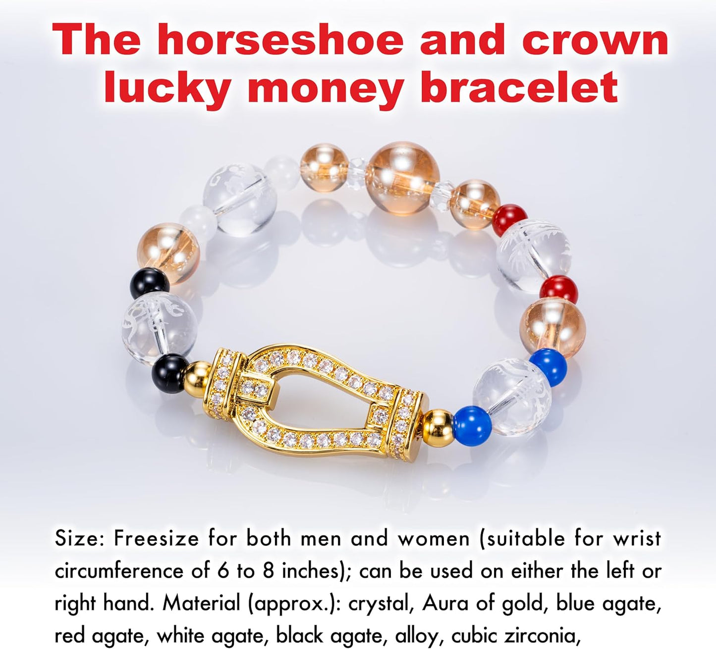 Japan lucky charm money luck bracelet horseshoe crown beads fengshui gold crystal wealth japanese traditional stretch men women unisex natural stone positive energy cool present casual