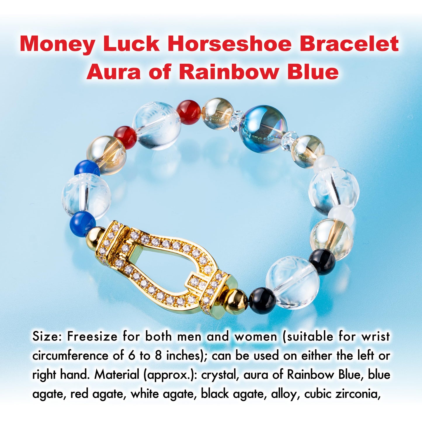 Japan lucky charm money luck bracelet horseshoe crown beads rainbow brue of aura fengshui crystal wealth japanese traditional stretch men women unisex natural stone positive energy cool present casual