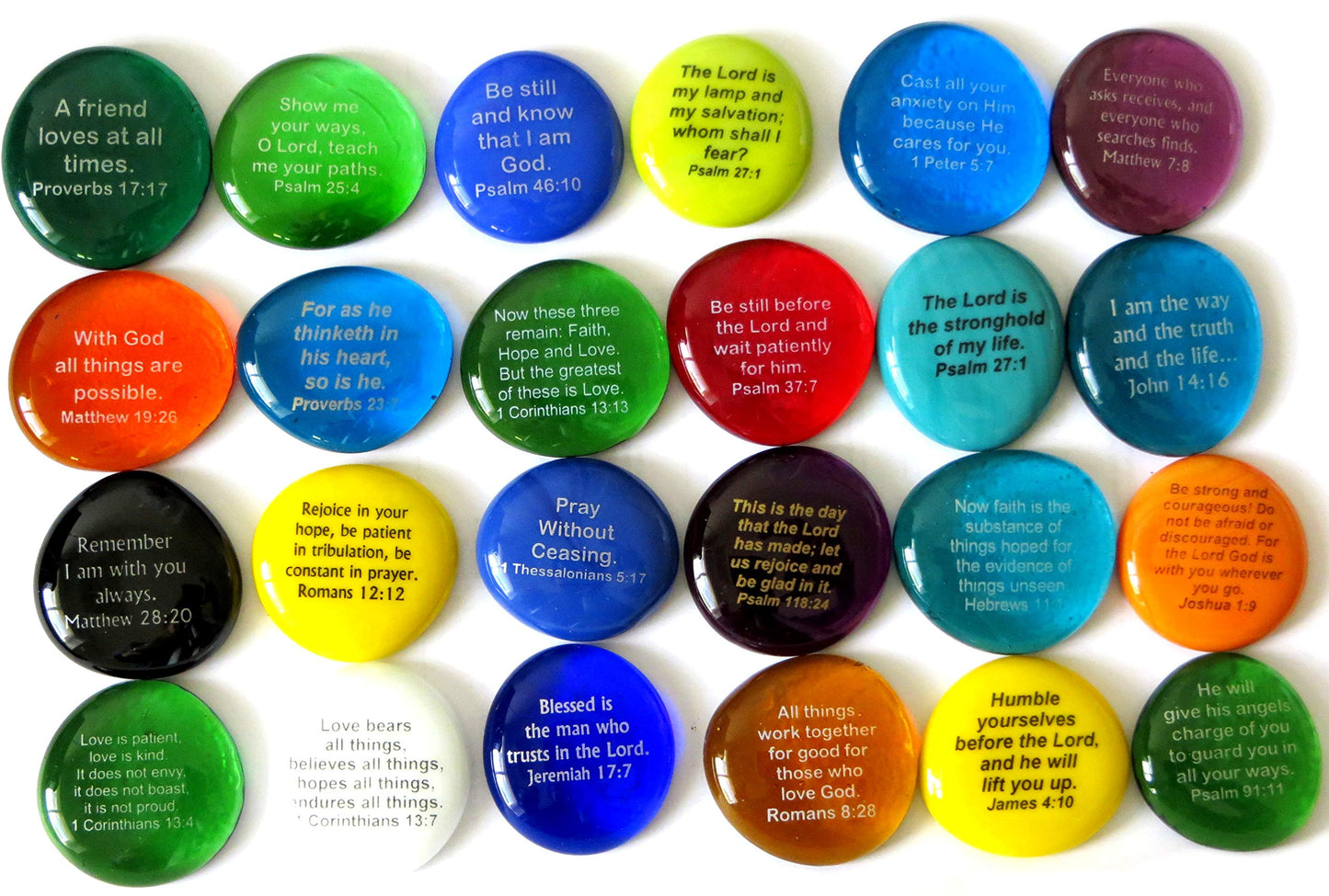 Scripture Glass Stones, Set of 100 Translucent and Opaque Glass Stones Printed with Many of Your Favorite Bible Verses with Retail Display by Lifeforce Glass.